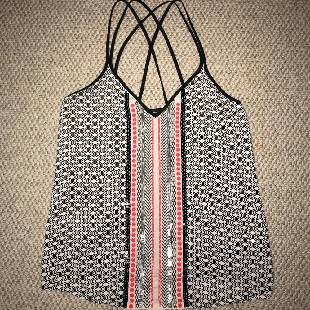 BLACK, WHITE, & CORAL CROSS BACK EXPRESS TANK TOP